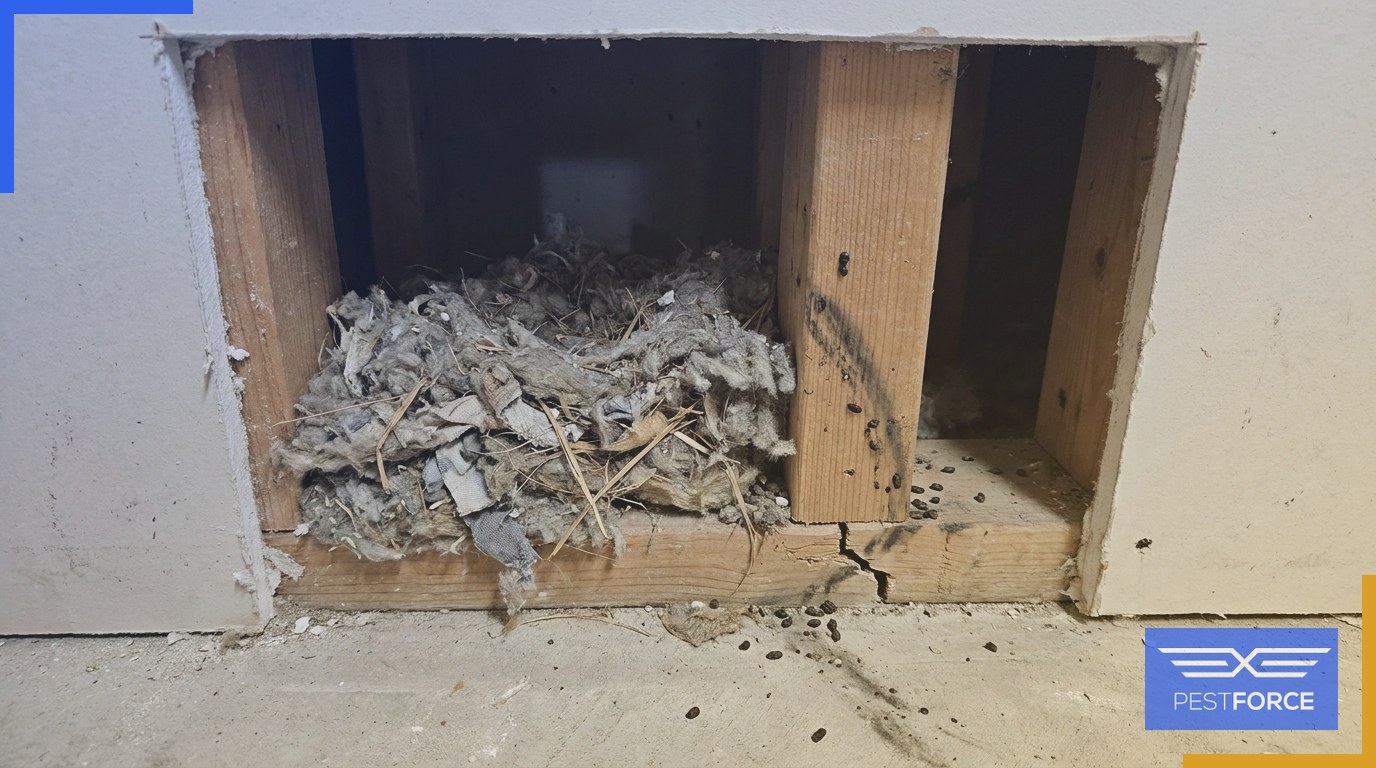 A house mouse nest built from shredded insulation inside a residential wall void.