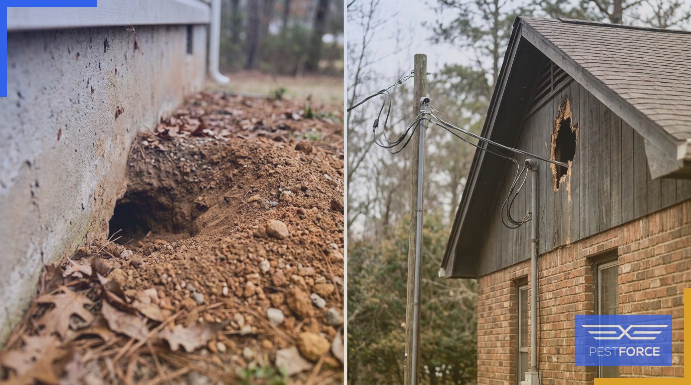 A Norway rat burrow at a home's foundation beside a roof rat entry point at a damaged gable vent.