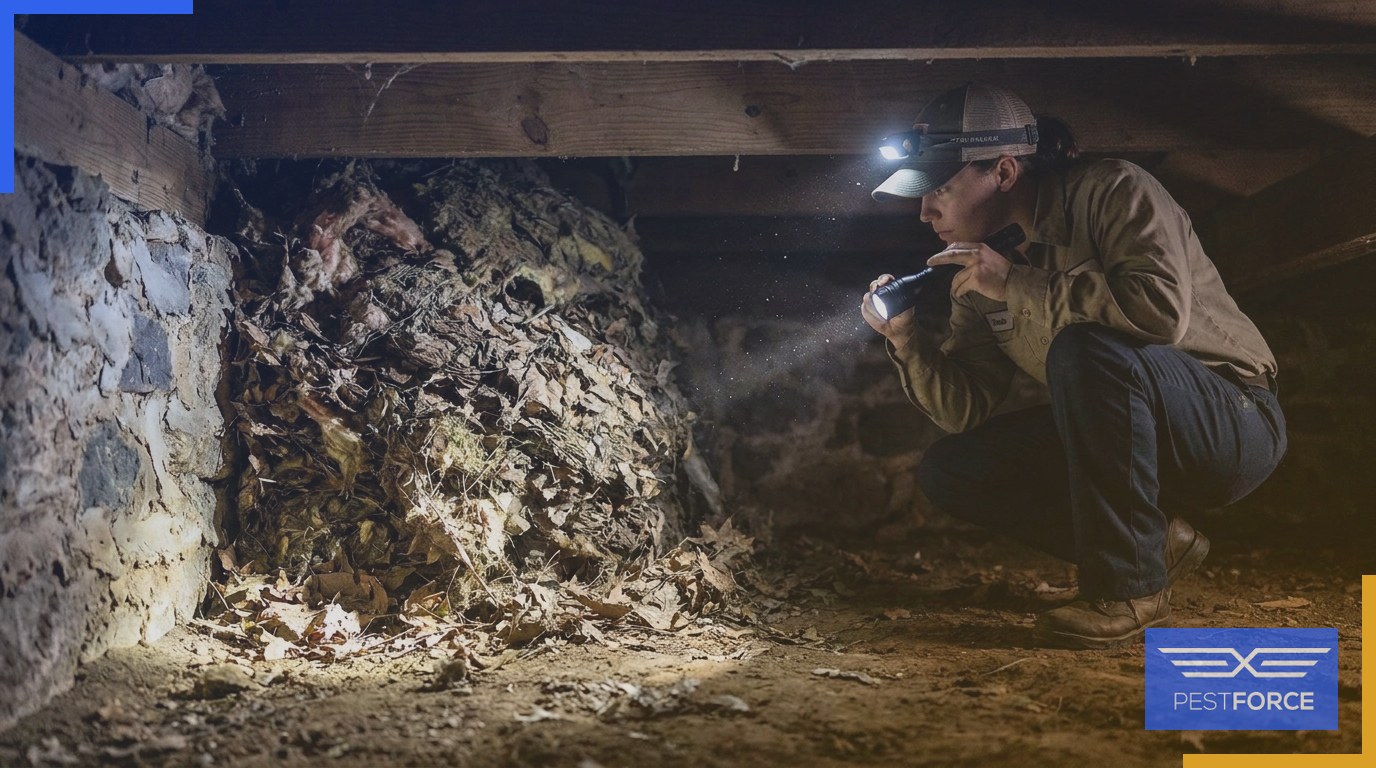 A pest control technician examining a large established rodent nesting colony in a home's crawl space.