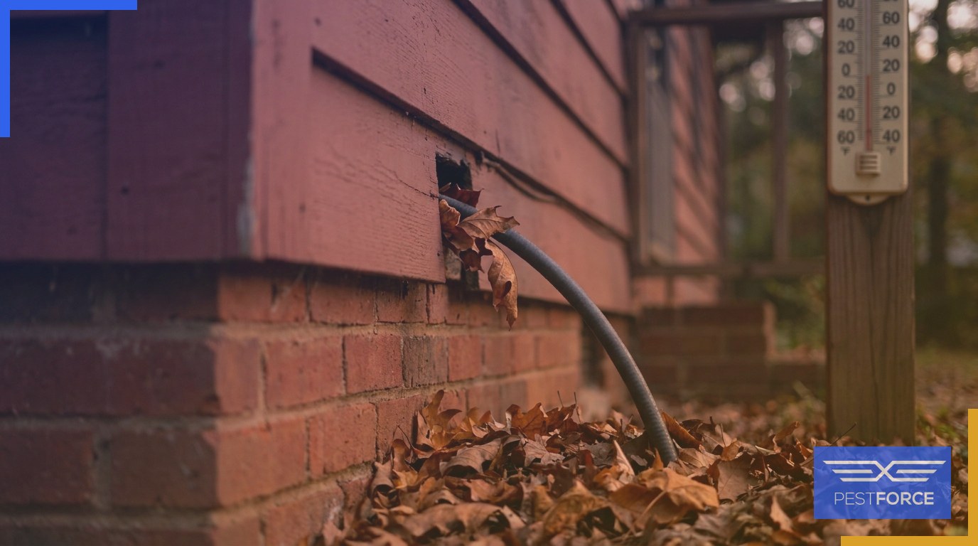 A utility conduit gap in a Georgia home's exterior siding used as a seasonal rodent entry point in autumn.