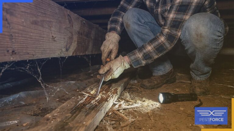 A homeowner probing visibly deteriorated floor joists in a crawl space for termite damage.