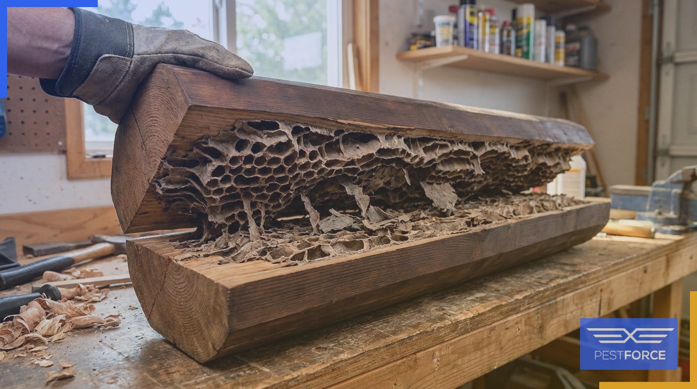 A split wooden beam revealing a hollowed honeycomb interior caused by termite feeding from the inside out.
