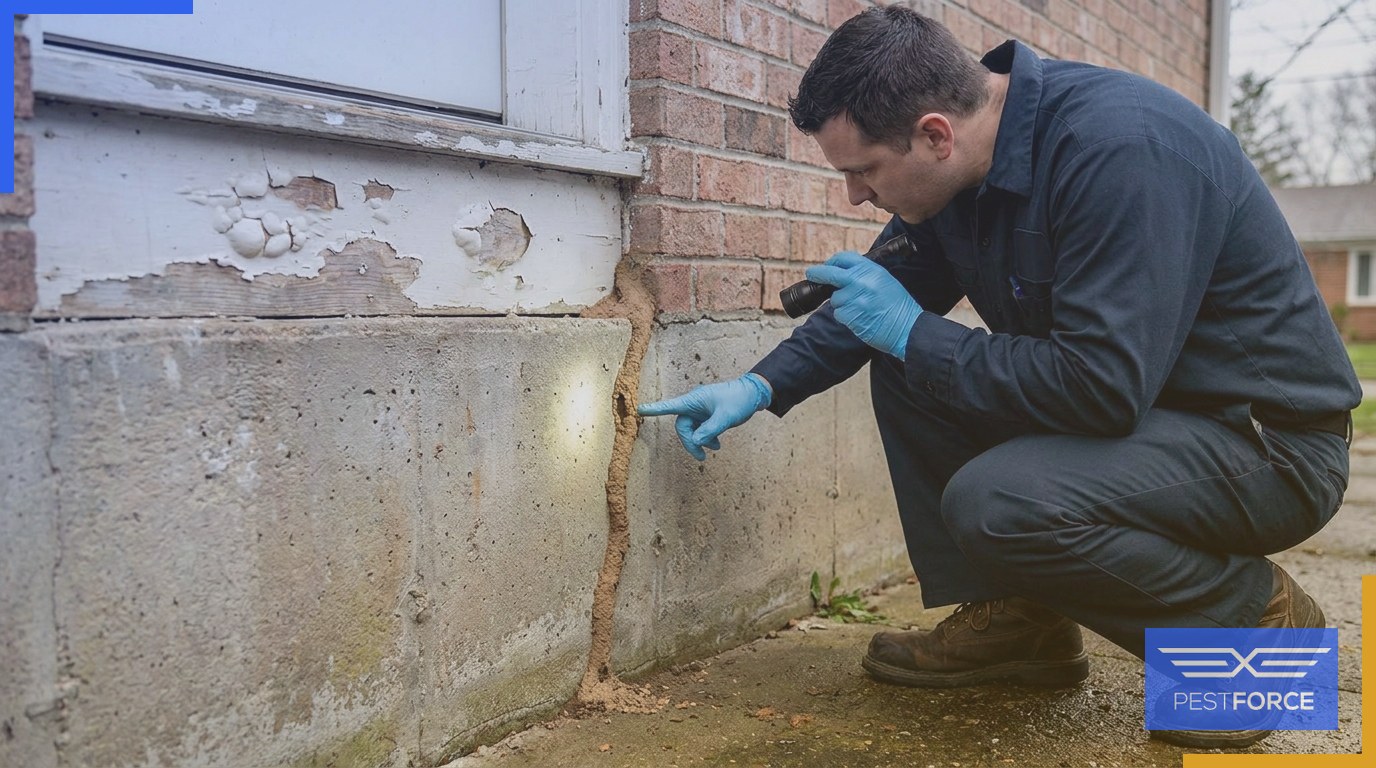 A pest control technician inspecting a mud tube running up a home's foundation wall as a sign of termite activity.