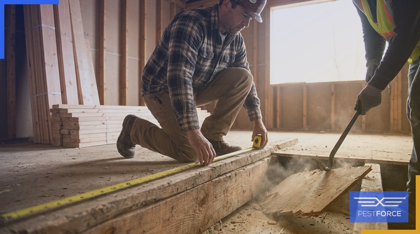 A contractor measuring and removing termite-damaged floor joists during a structural repair project inside a home.