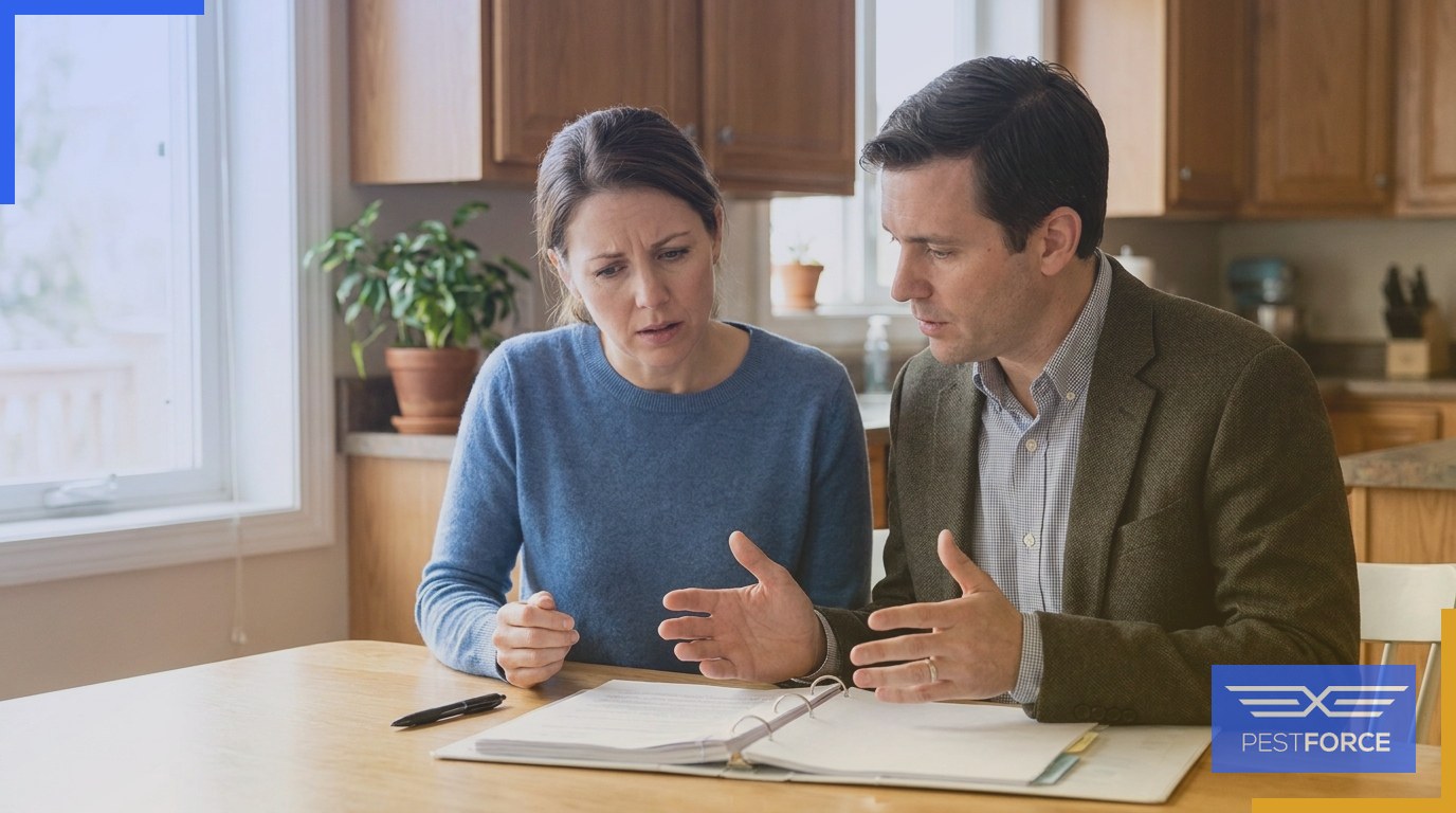 A homeowner discussing termite damage coverage with an insurance agent at a kitchen table.