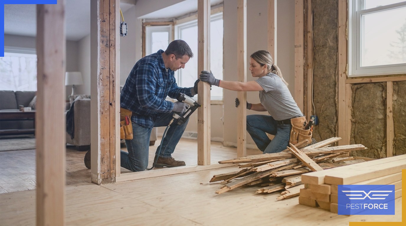 A construction crew installing new lumber framing inside a residential wall cavity during post-termite structural repairs.