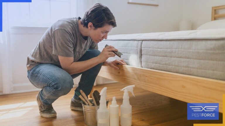 A homeowner inspecting a mattress seam with a flashlight while DIY bed bug treatment supplies sit on the bedroom floor.