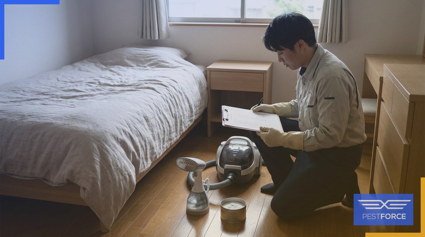 A person wearing rubber gloves treating a bed frame with multiple pest control tools lined up on the bedroom floor.