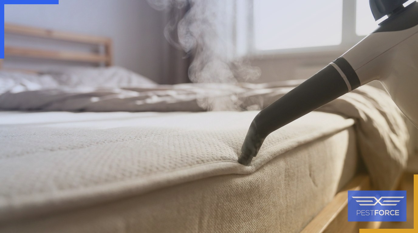 A handheld steam cleaner being applied along a bare mattress seam to treat for bed bugs.
