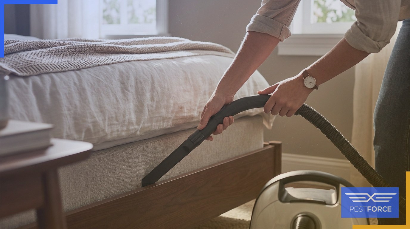 A person vacuuming along the base of a box spring with a crevice tool attachment to remove bed bugs.