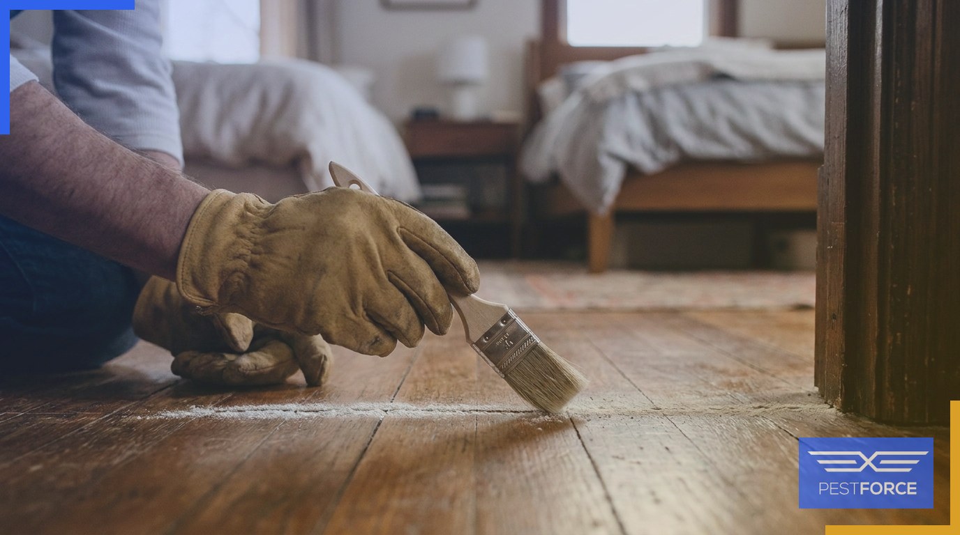 Gloved hands applying diatomaceous earth powder along a bedroom baseboard as a bed bug residual barrier.