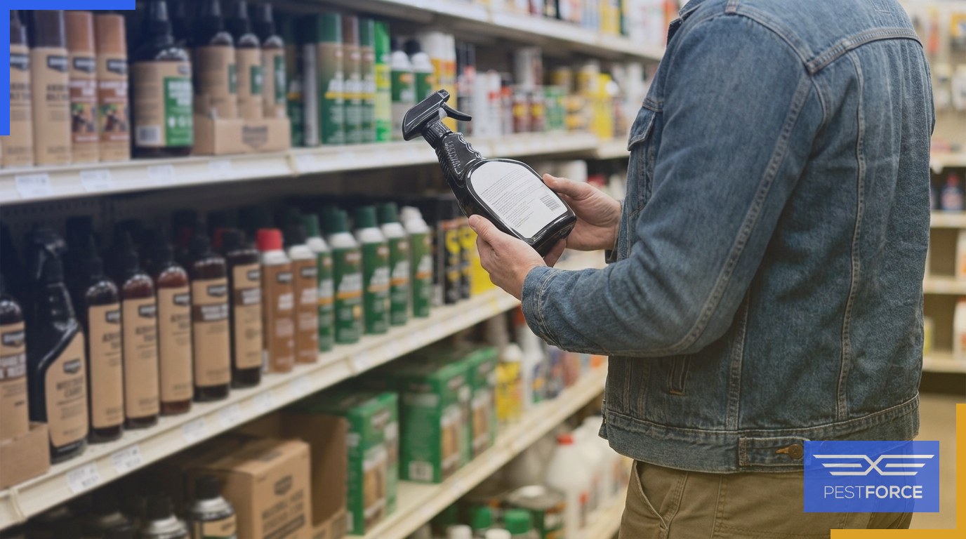 A person in a hardware store examining the back of an over-the-counter bed bug spray bottle.
