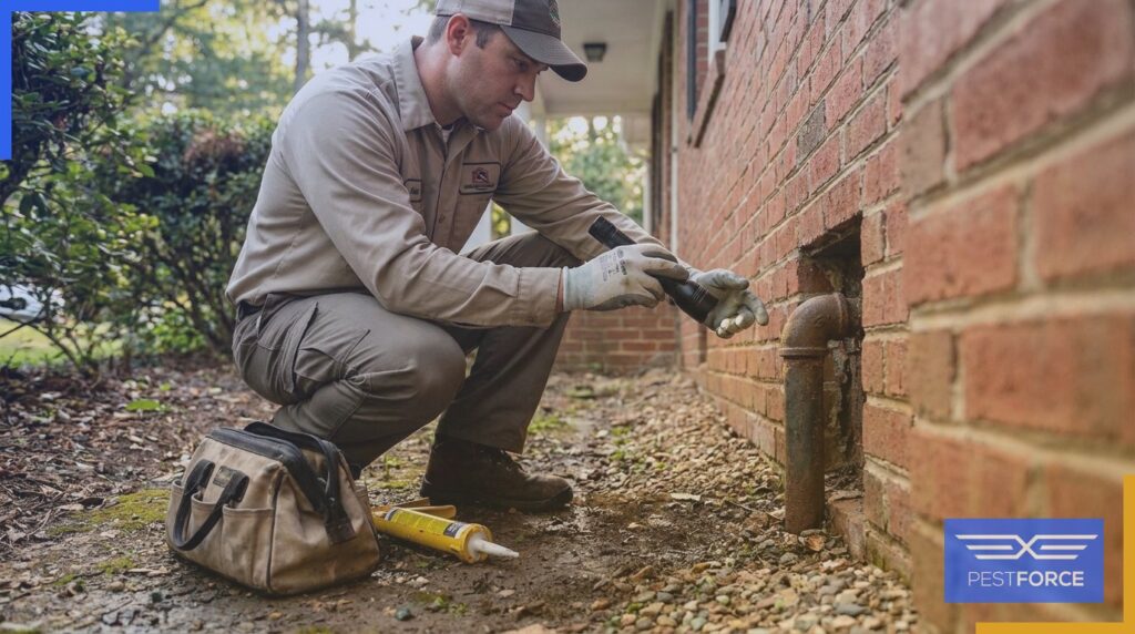 A pest control technician inspecting a rodent entry point at the base of a home's exterior brick wall.