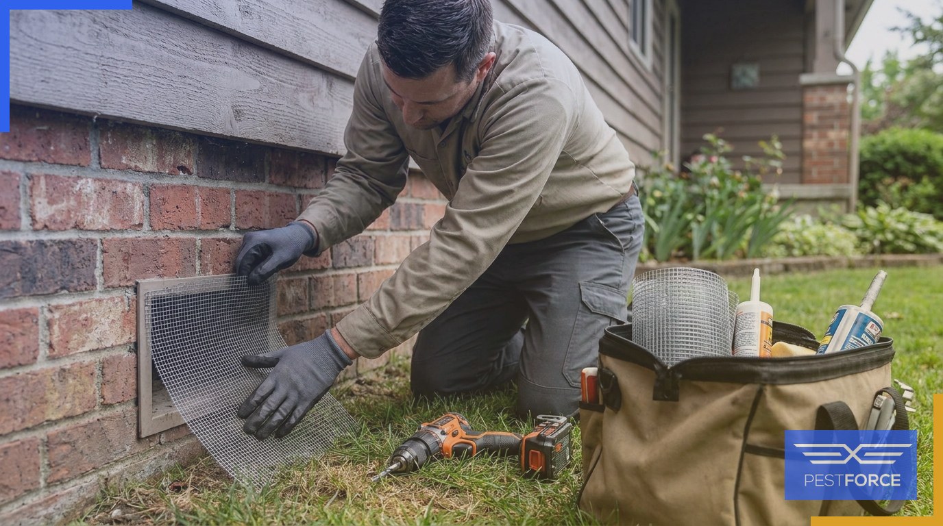 A pest control technician fitting hardware cloth over a crawl space vent during a rodent exclusion service.