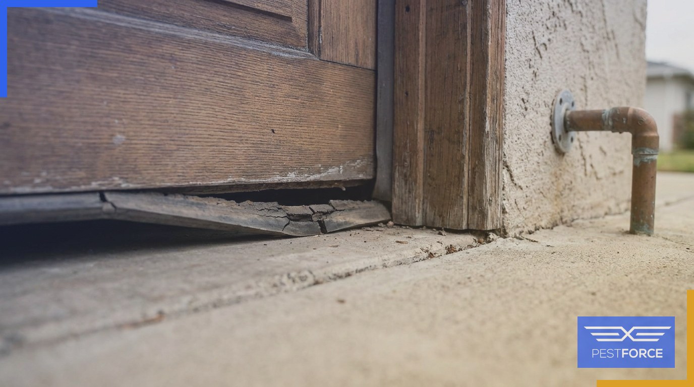 A worn garage door seal and nearby utility pipe penetration showing common rodent entry points on a home exterior.