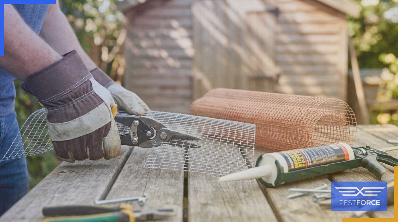 A pest control technician cutting galvanized steel mesh alongside copper mesh and caulk used for professional rodent exclusion.