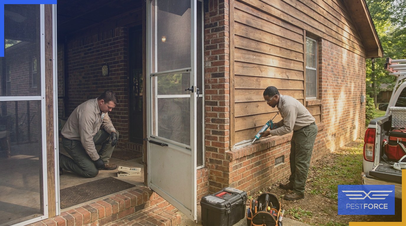 Two pest control technicians performing simultaneous interior trapping and exterior gap sealing on a residential property.