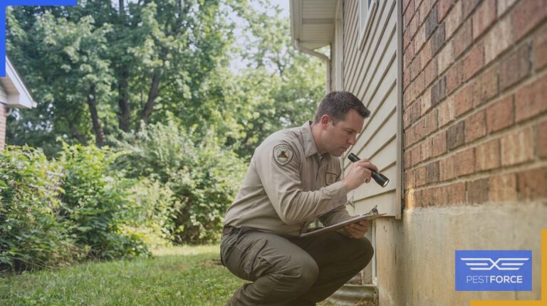 A pest control technician inspecting the exterior foundation of a residential home for rodent entry points.