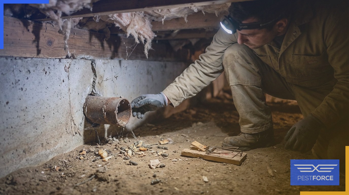 A pest control professional examining a pipe penetration gap inside a home's crawlspace during a rodent inspection.