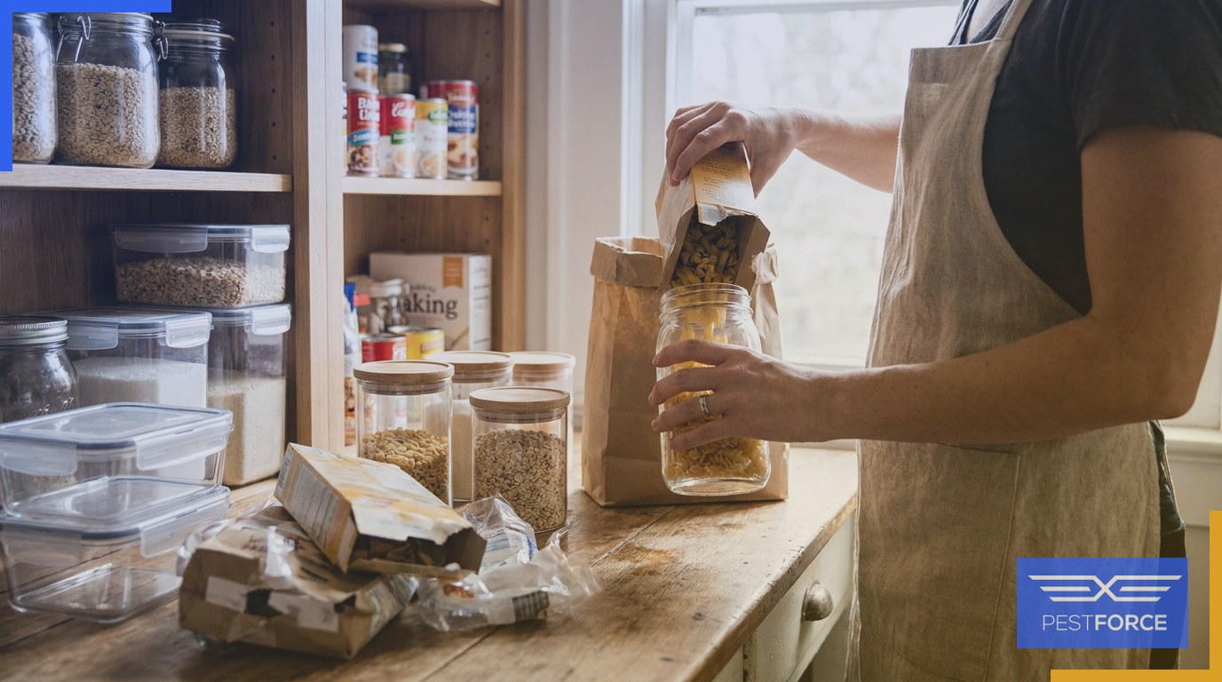 A homeowner transferring pantry food from cardboard packaging into airtight glass and plastic storage containers to eliminate rodent attractants.
