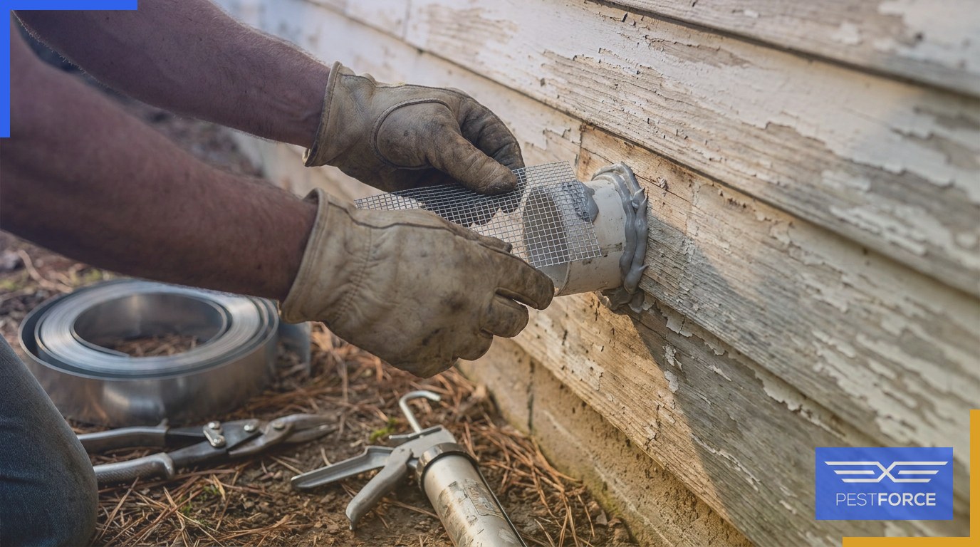 A worker sealing a rodent entry point on a home's exterior wall with galvanized hardware cloth and construction adhesive.