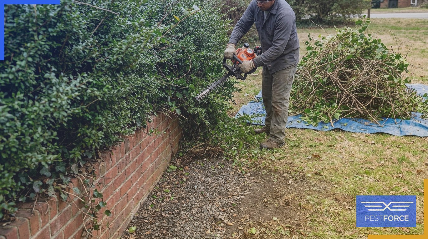 A homeowner trimming overgrown shrubs away from the foundation of a house to reduce rodent harborage around the perimeter.