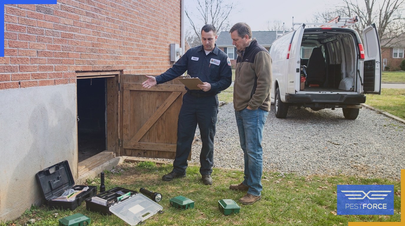 A pest control technician reviewing a rodent prevention program inspection with a homeowner outside their Georgia residence.