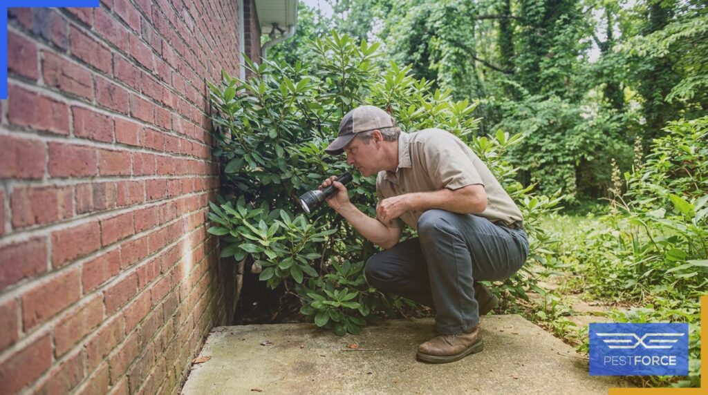 A homeowner inspecting the foundation of a Georgia home for signs of household pest entry points.