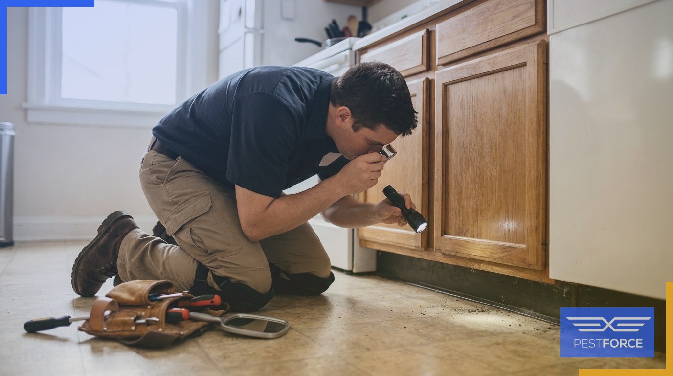 A pest control technician inspecting a kitchen cabinet baseboard with a flashlight and magnifying loupe.