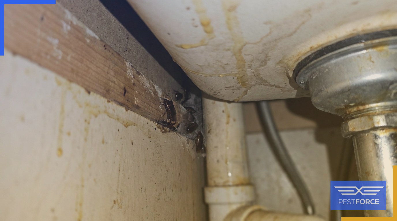 Cockroaches clustered in a dark crevice beneath a kitchen sink cabinet near a plumbing pipe.