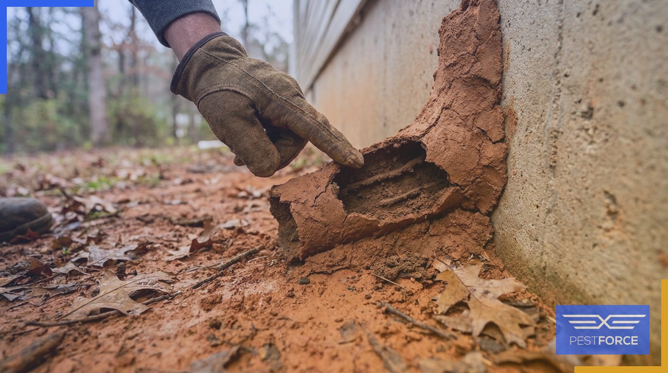 A pest control technician examining a termite mud tube on a residential concrete foundation.