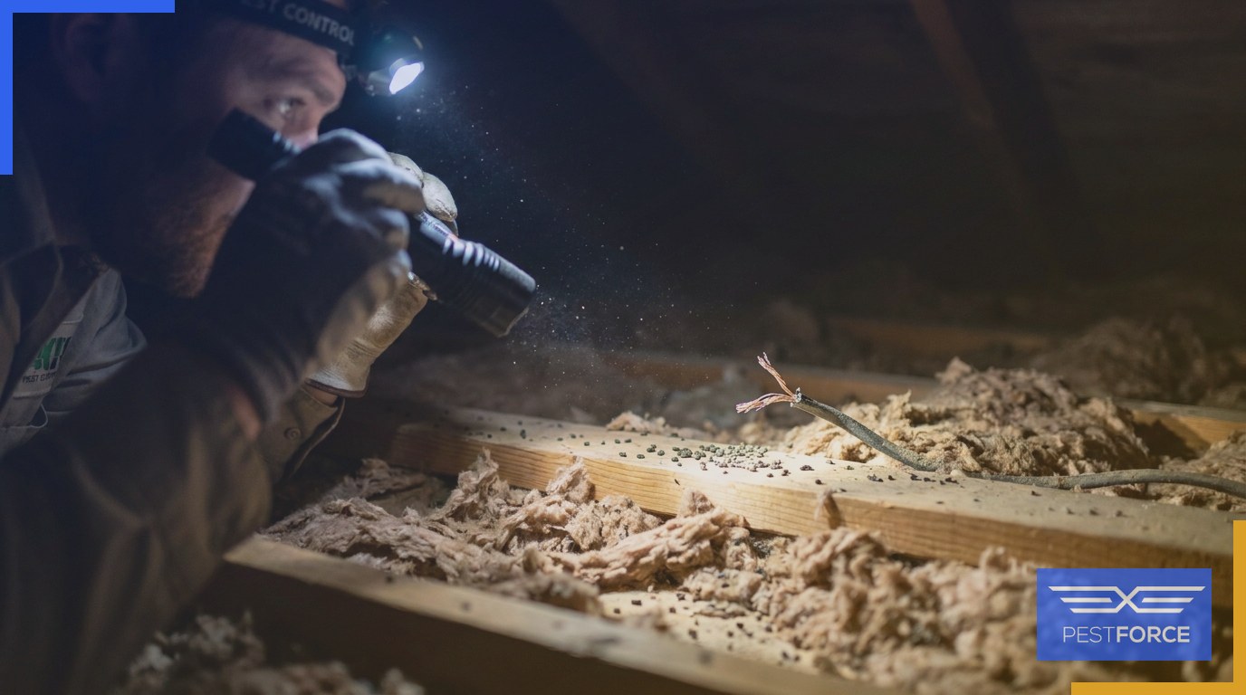 A pest control technician inspecting an attic for rodent damage including chewed insulation and droppings.