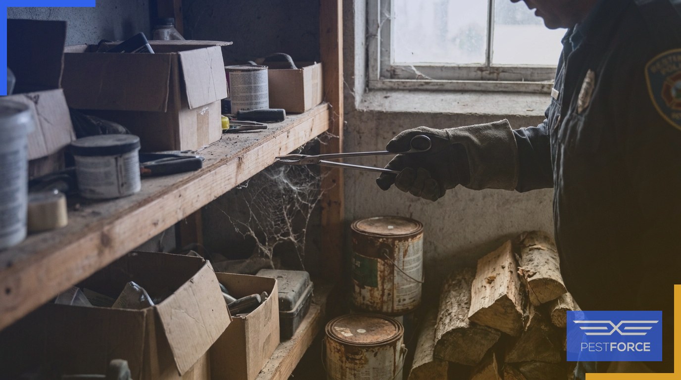 A pest control technician using forceps to inspect a dark cobweb behind a garage storage shelf.