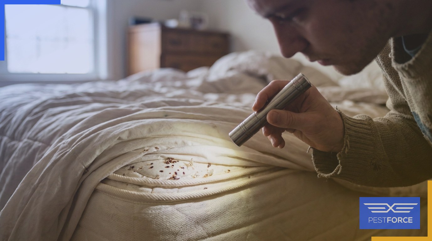 A person inspecting a mattress seam with a flashlight for bed bug signs including stains and shed casings.