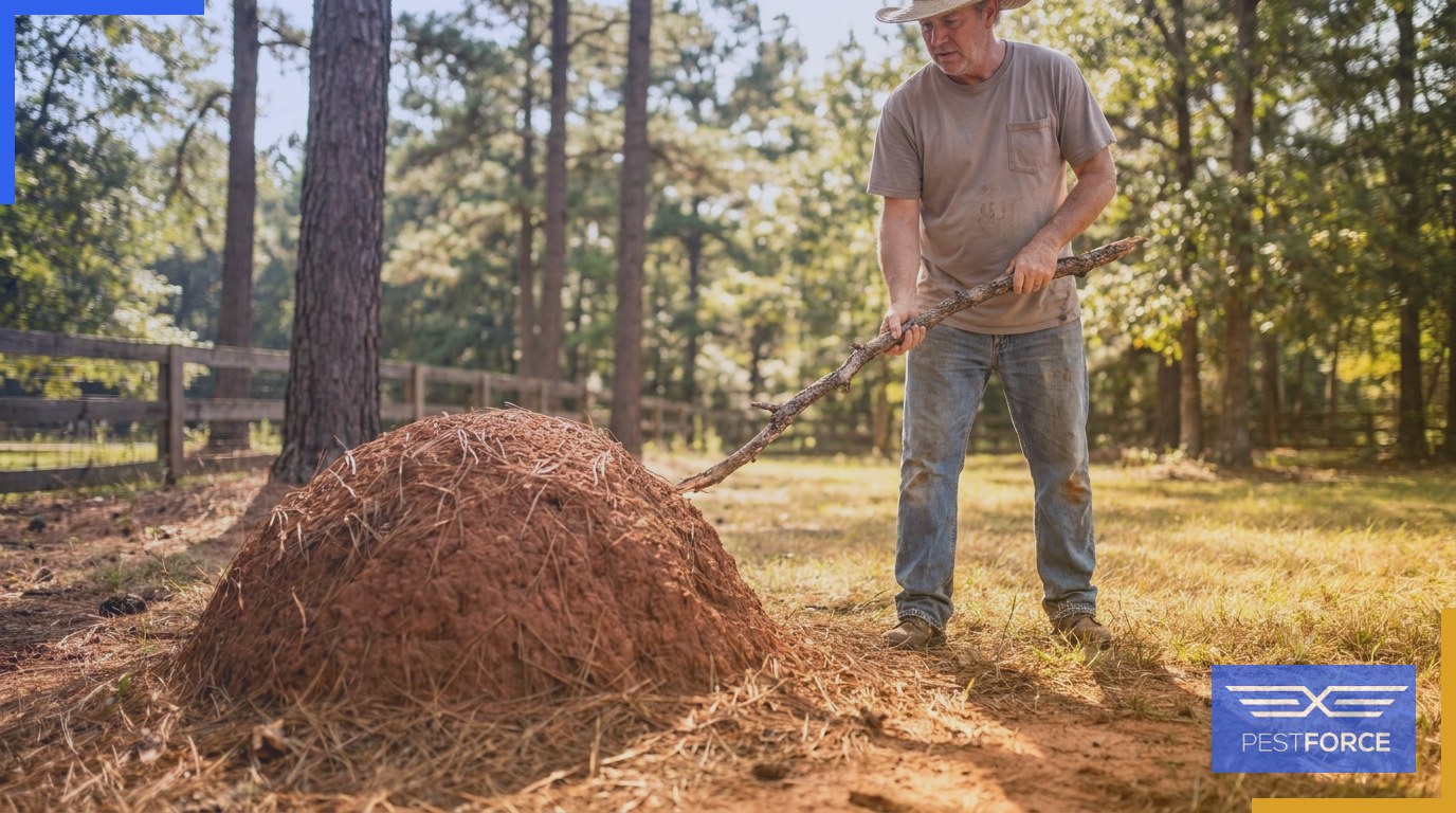 A homeowner observing a dome-shaped fire ant mound in a Georgia backyard lawn.