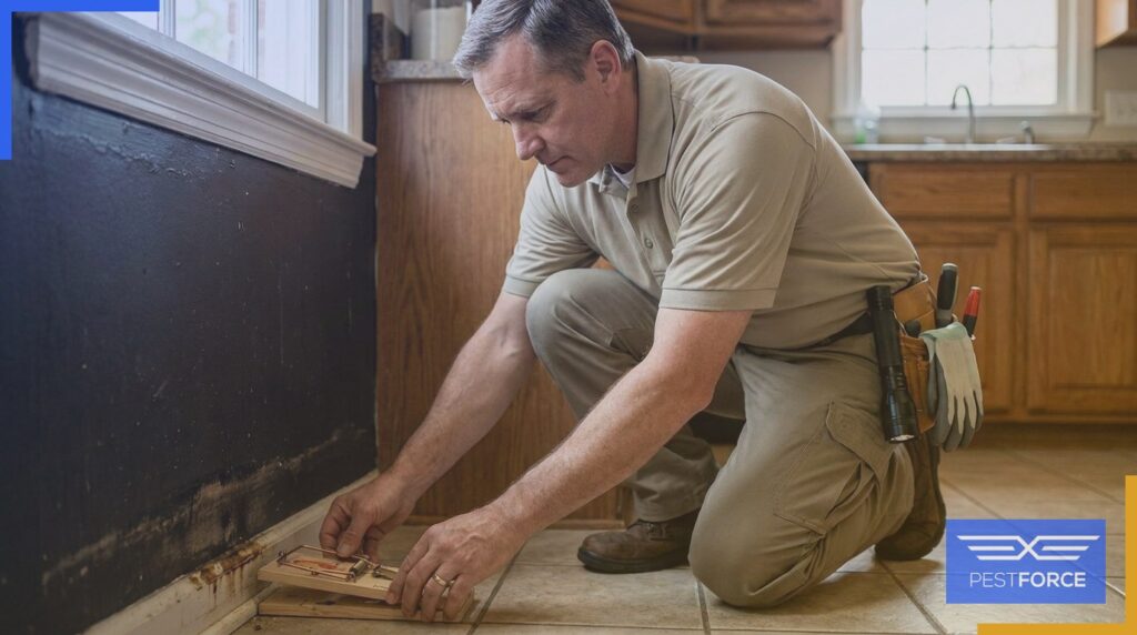 A pest control technician placing a snap trap along a baseboard during a mouse and rat extermination service.