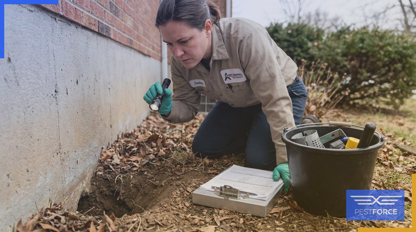 A pest control technician inspecting a rodent burrow at the base of a home's foundation before extermination begins.
