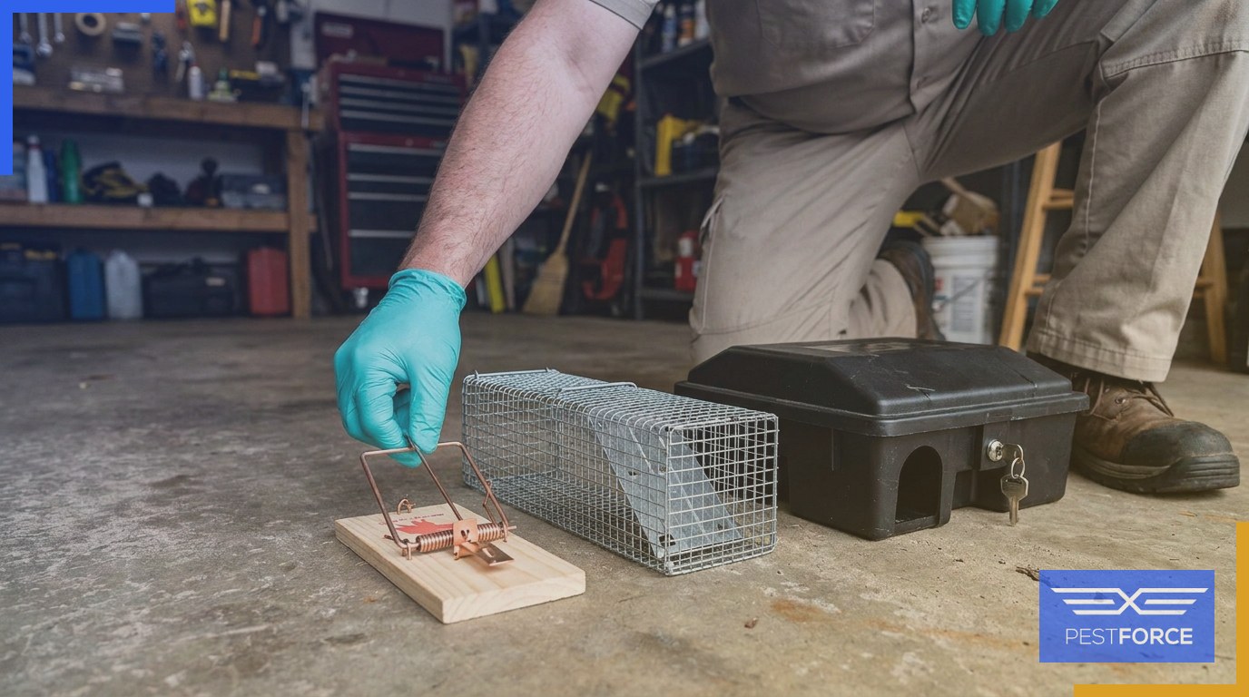 A pest control technician arranging snap traps, a live trap, and a commercial bait station on a garage floor before a rodent extermination treatment.