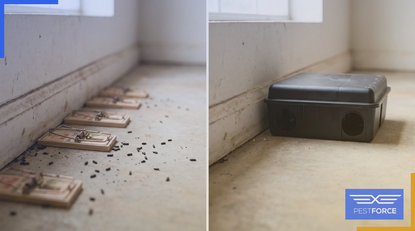 Snap traps densely set along a mouse runway beside a single large bait station positioned for rat extermination in a utility room.