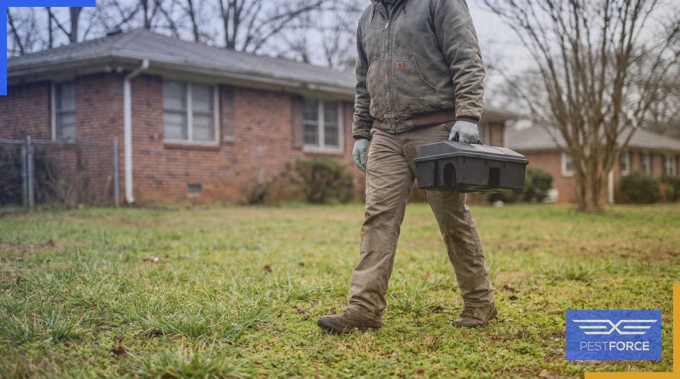 A pest control technician carrying a rodent bait station across a green Georgia lawn during a winter service visit.