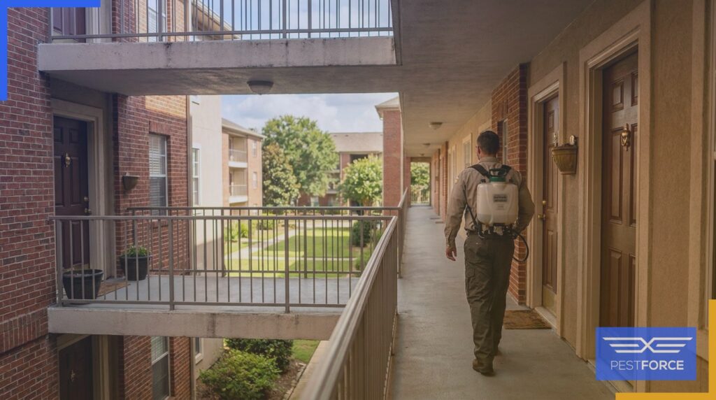 A pest control technician performing a multi-family apartment complex treatment in Georgia.