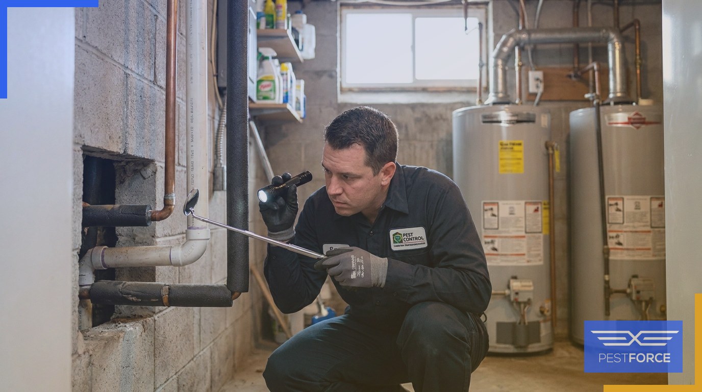 A pest control technician inspecting a shared plumbing chase between multi-unit apartment walls for signs of pest migration.