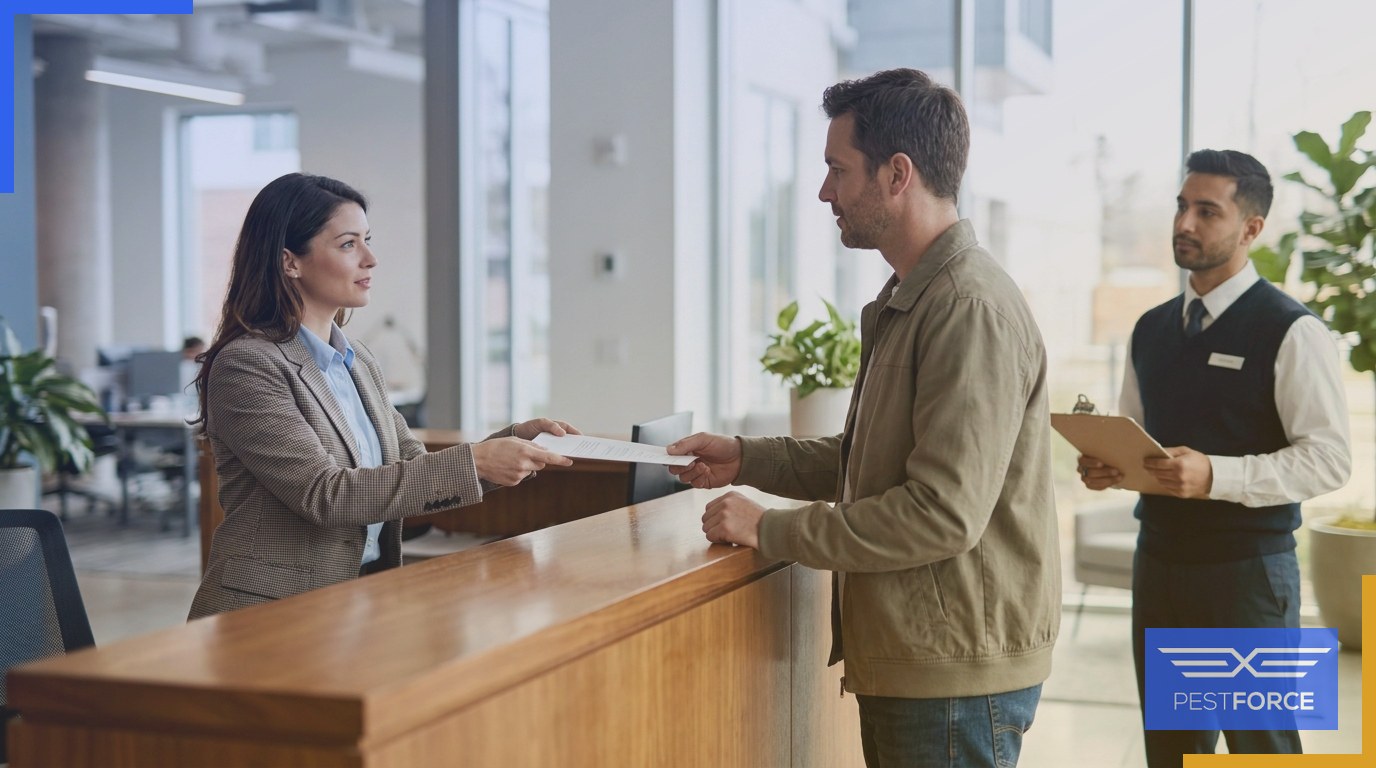 A property manager reviewing a pest control service agreement with a tenant in a residential leasing office.