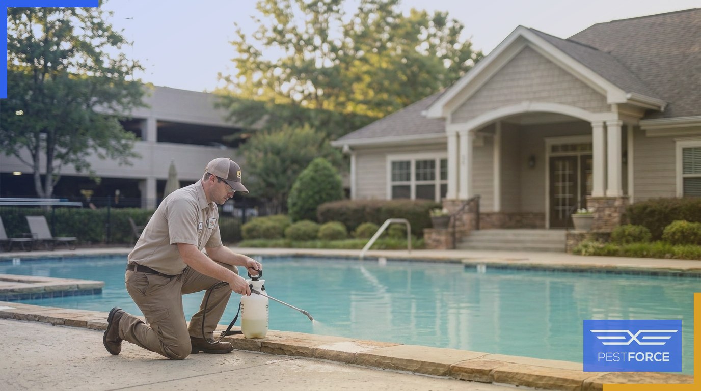 A pest control technician treating the perimeter of an HOA community pool deck and shared amenity area in Georgia.