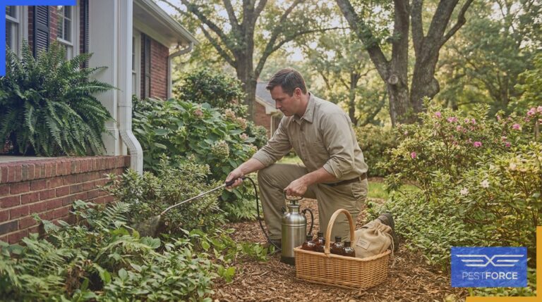 A pest control technician applying organic botanical treatment to garden plants beside a residential home in Georgia.
