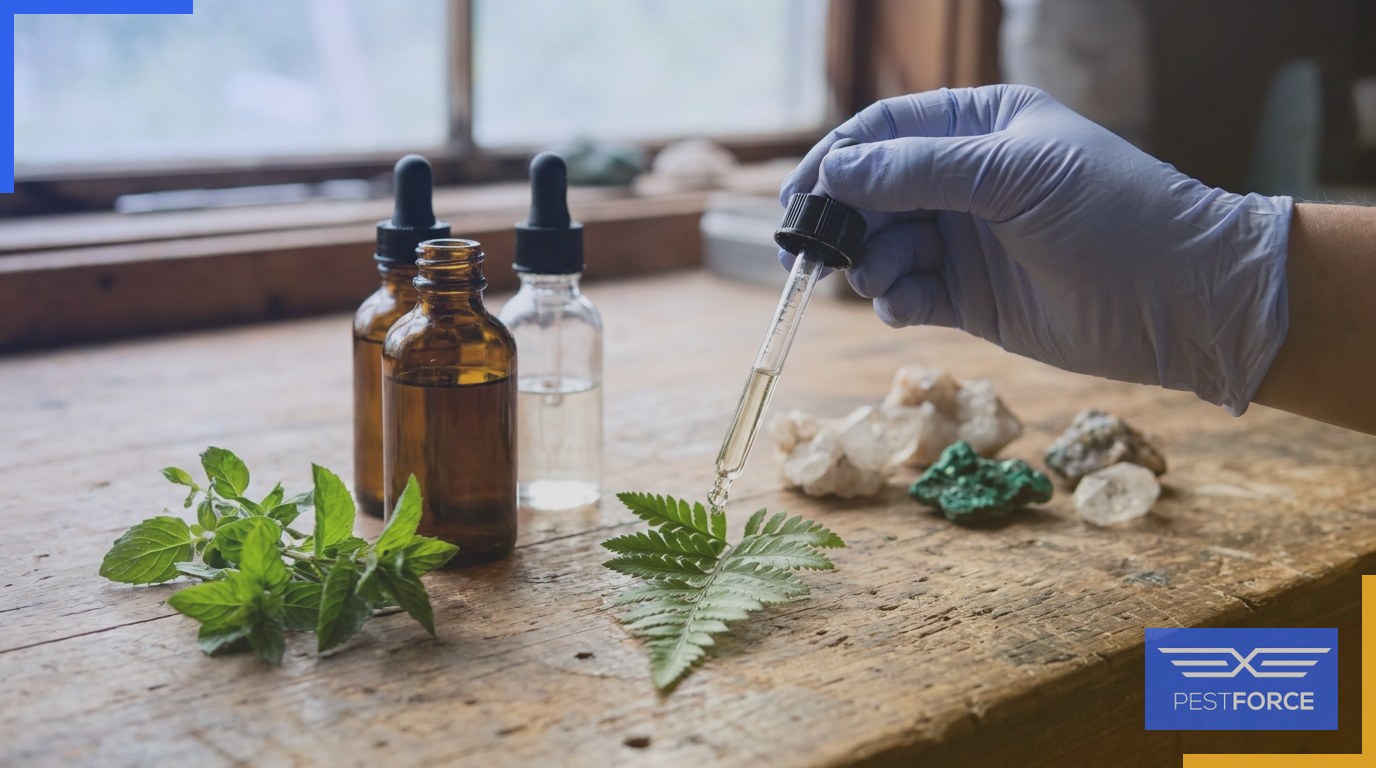 Plant cuttings and mineral crystals arranged beside dropper bottles on a workbench to illustrate naturally sourced pest control ingredients.