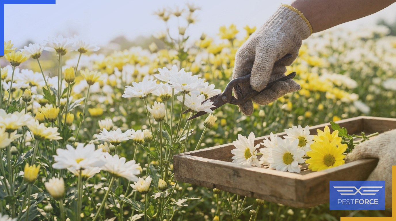 Chrysanthemum cinerariifolium flowers being harvested in a sunlit field, the natural source of pyrethrin insecticide.