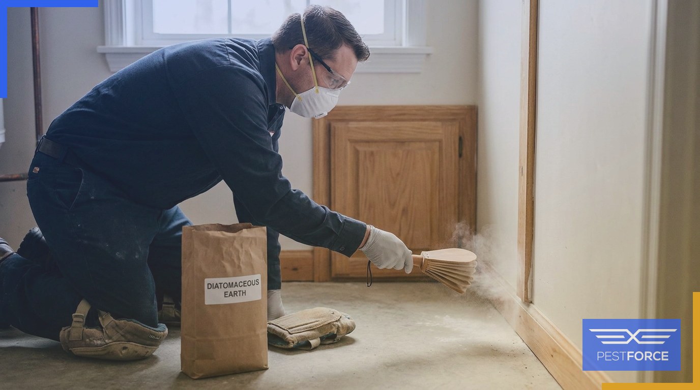 A pest control technician applying diatomaceous earth powder along an interior baseboard using a bellows duster.
