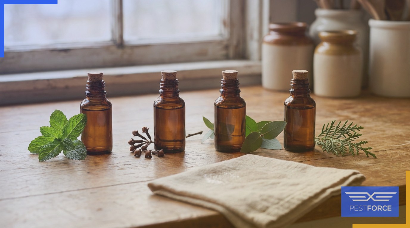 A row of essential oil bottles paired with their source plant sprigs on a kitchen counter, representing botanical insect repellents.
