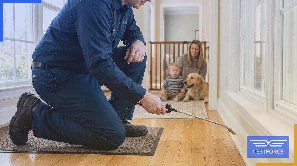 A pest control technician applying a pet-safe and child-safe treatment along a home baseboard while a parent keeps a child and dog safely separated in another room.